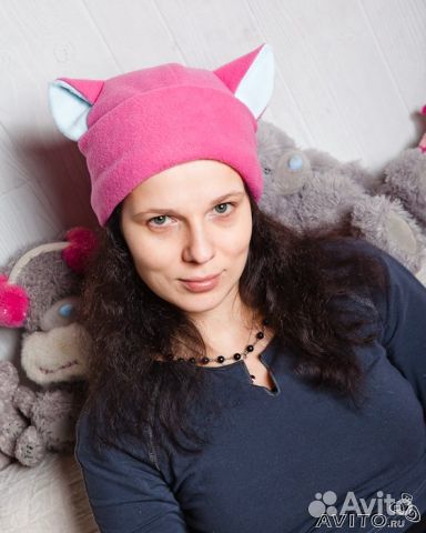 Шапка с ушками, котошапка ярко-розовая