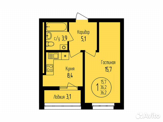 1-к квартира, 36.2 м², 7/19 эт.