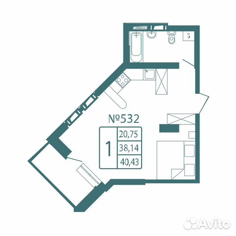 1-к квартира, 40.4 м², 20/22 эт.