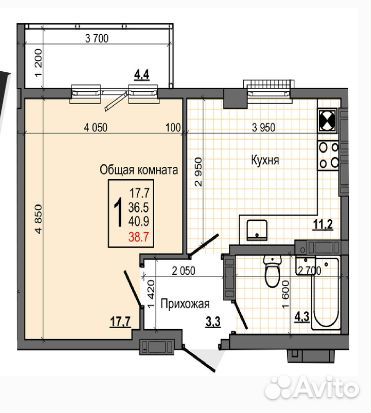 1-к квартира, 38.7 м², 4/9 эт.