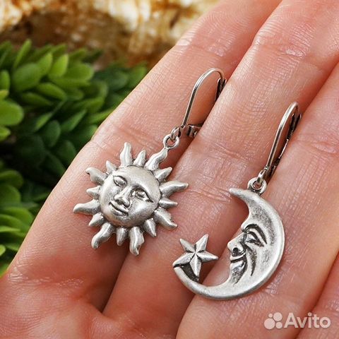 Серьги асимметричные Солнце и Полумесяц Луна сереб
