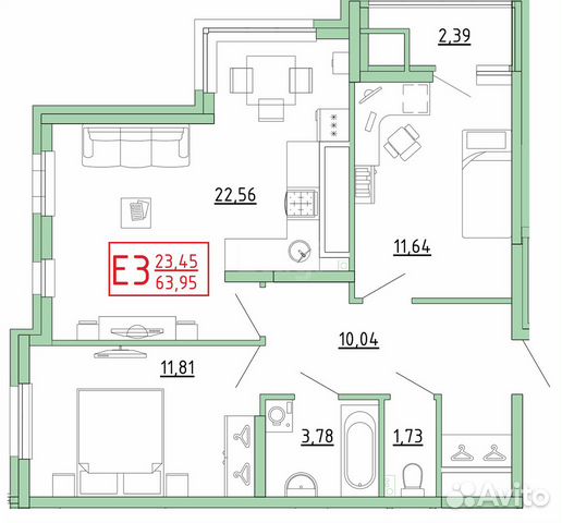 2-к квартира, 64.2 м², 5/26 эт.