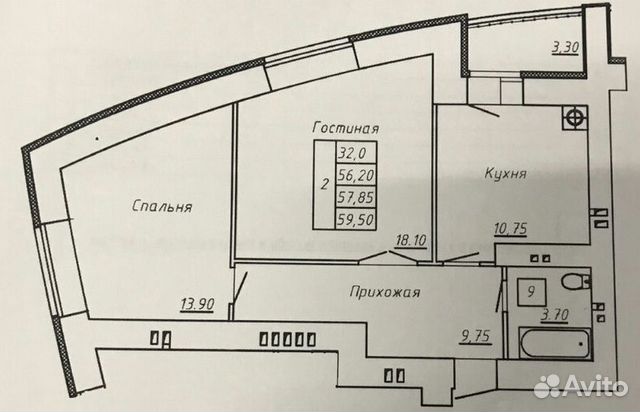 2-к квартира, 59.5 м², 6/14 эт.