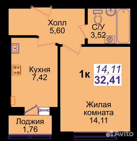 1-к квартира, 34 м², 4/9 эт.