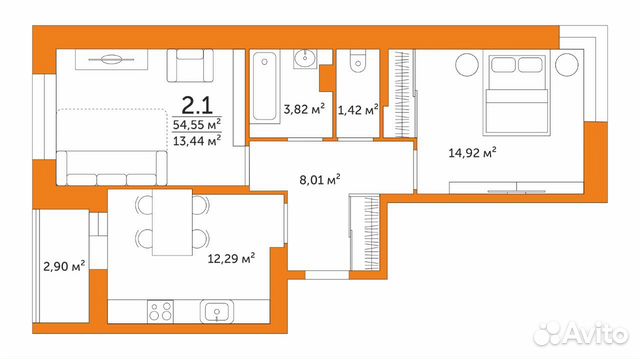 2-к квартира, 54.6 м², 8/12 эт. 2-к квартира, 54.6 м², 8/12 эт.