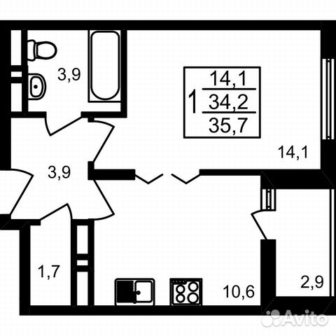 1-к квартира, 35.7 м², 14/17 эт.