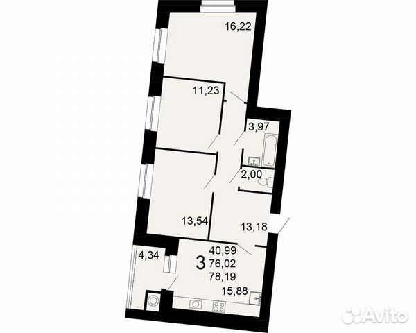 3-к квартира, 78 м², 9/16 эт.