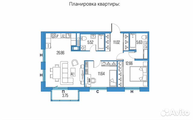 2-к квартира, 74 м², 6/22 эт. 2-к квартира, 74 м², 6/22 эт.