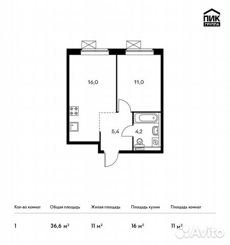 1-к квартира, 36.6 м², 16/25 эт.