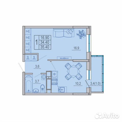 1-к квартира, 35.4 м², 9/21 эт. 1-к квартира, 35.4 м², 9/21 эт.