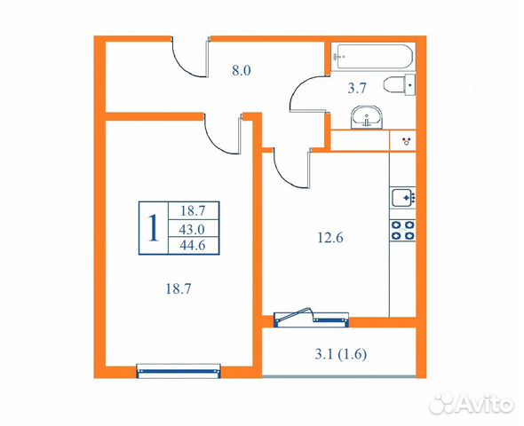 1-к квартира, 44.6 м², 11/17 эт.