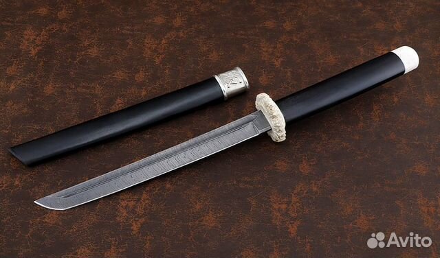 Премиум Нож Танто большой сталь дамаск, рукоять и