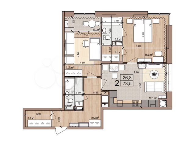 2-к. квартира, 73,5 м², 8/21 эт.