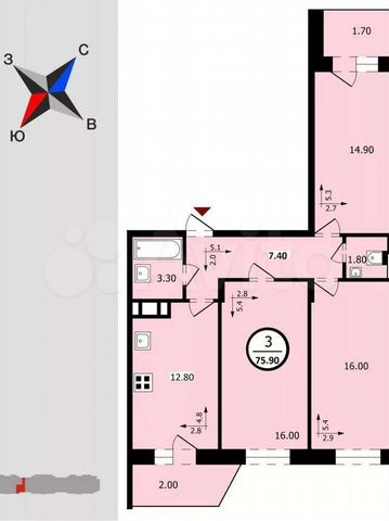 3-к. квартира, 75,9 м², 16/18 эт.