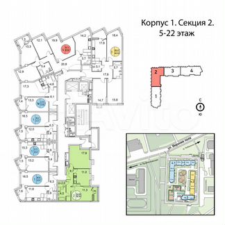 2-к квартира, 56.5 м², 6/22 эт.