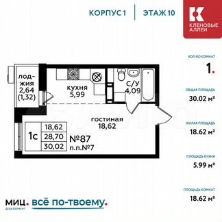 1-к квартира, 30 м², 10/17 эт.