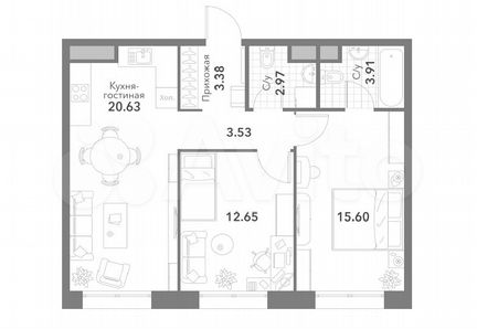 3-к квартира, 63 м², 3/20 эт.