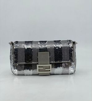 Сумка женская Fendi Baguette пайетки кожа серебро
