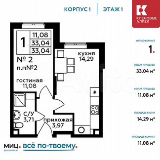 1-к квартира, 33 м², 1/17 эт.