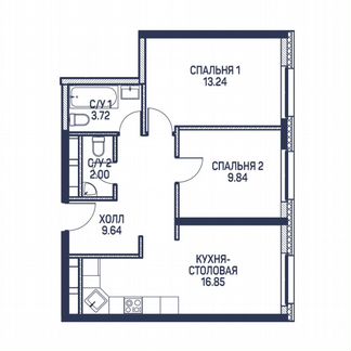 2-к квартира, 55.3 м², 4/22 эт.