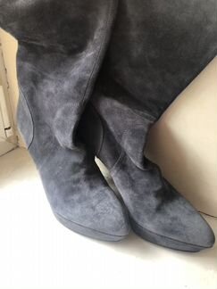 Сапоги серые натуральная замша каблук демисезон