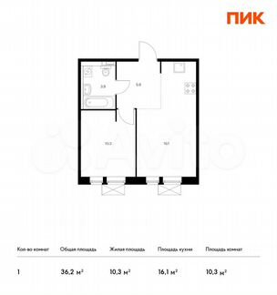 1-к квартира, 36.2 м², 6/9 эт.