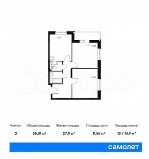 2-к квартира, 55.3 м², 14/14 эт.
